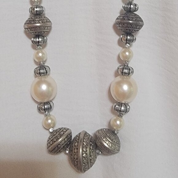 Pearl and Stamped Bead Necklace - Picture 2 of 6